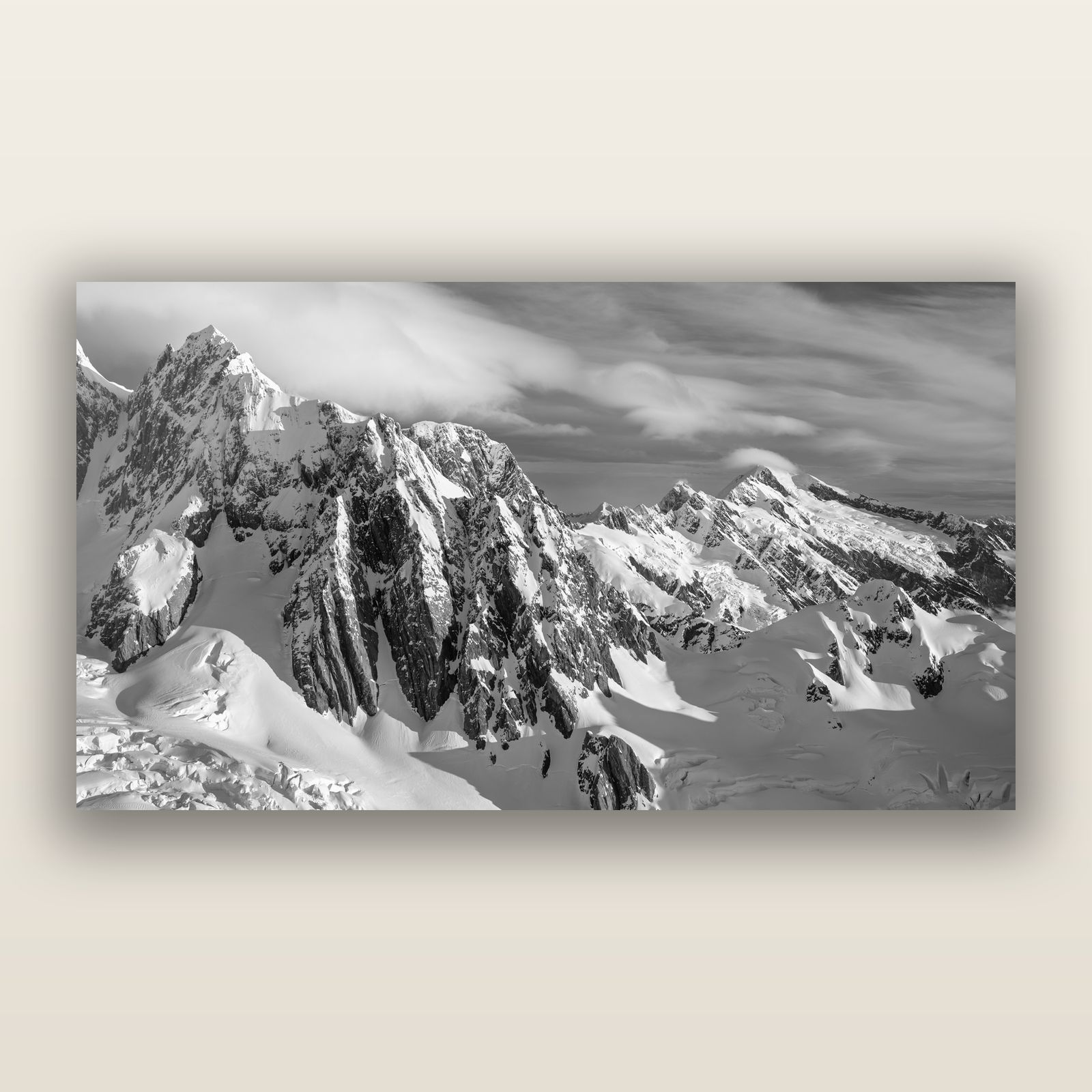 Crown of Cloud, Southern Alps, black and white frameless acrylic glass print. New Zealand fine art photography by Stephen Milner.