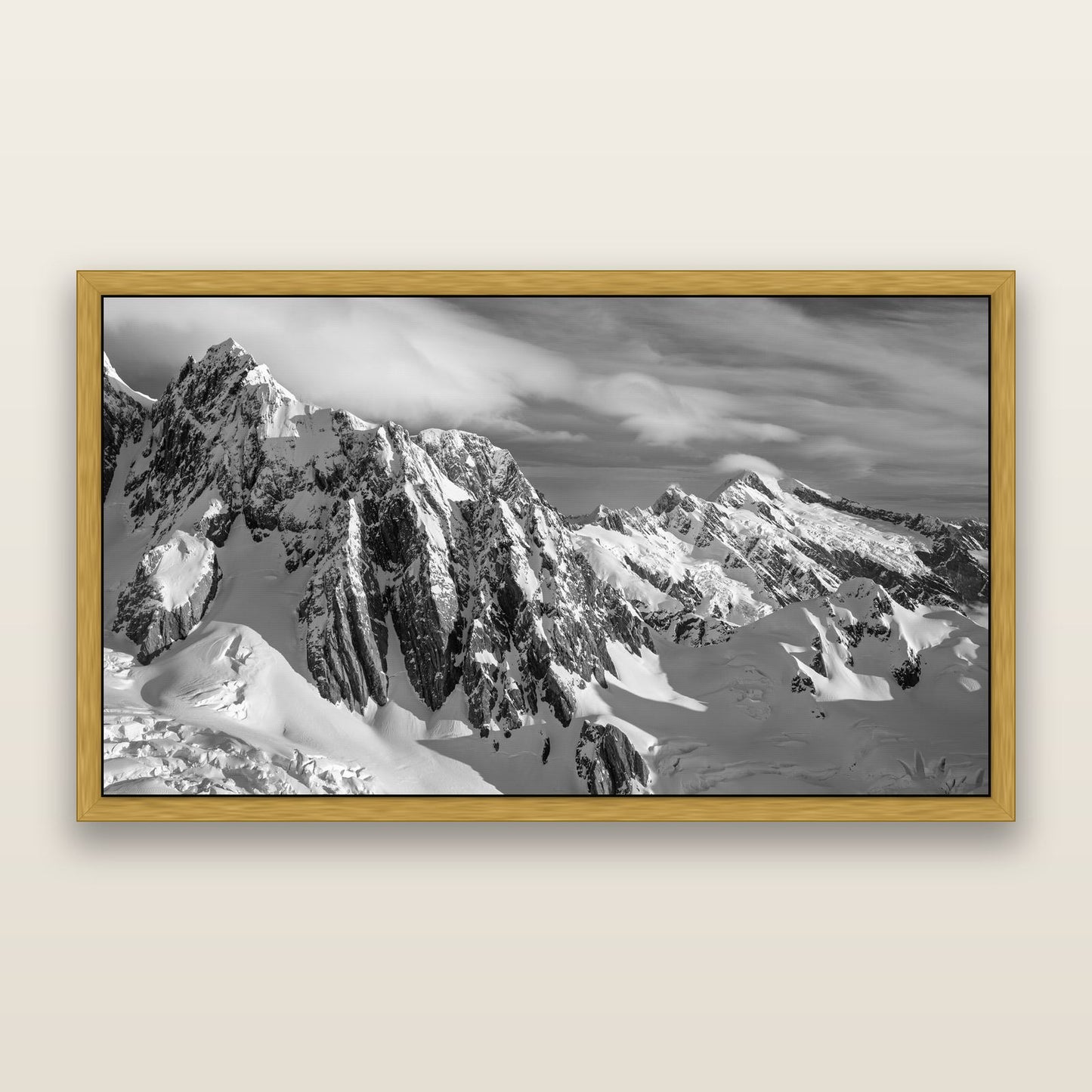 Crown of Cloud, Southern Alps — black and white framed metallic canvas print, Antique Gold frame. New Zealand fine art wall art by Stephen Milner.
