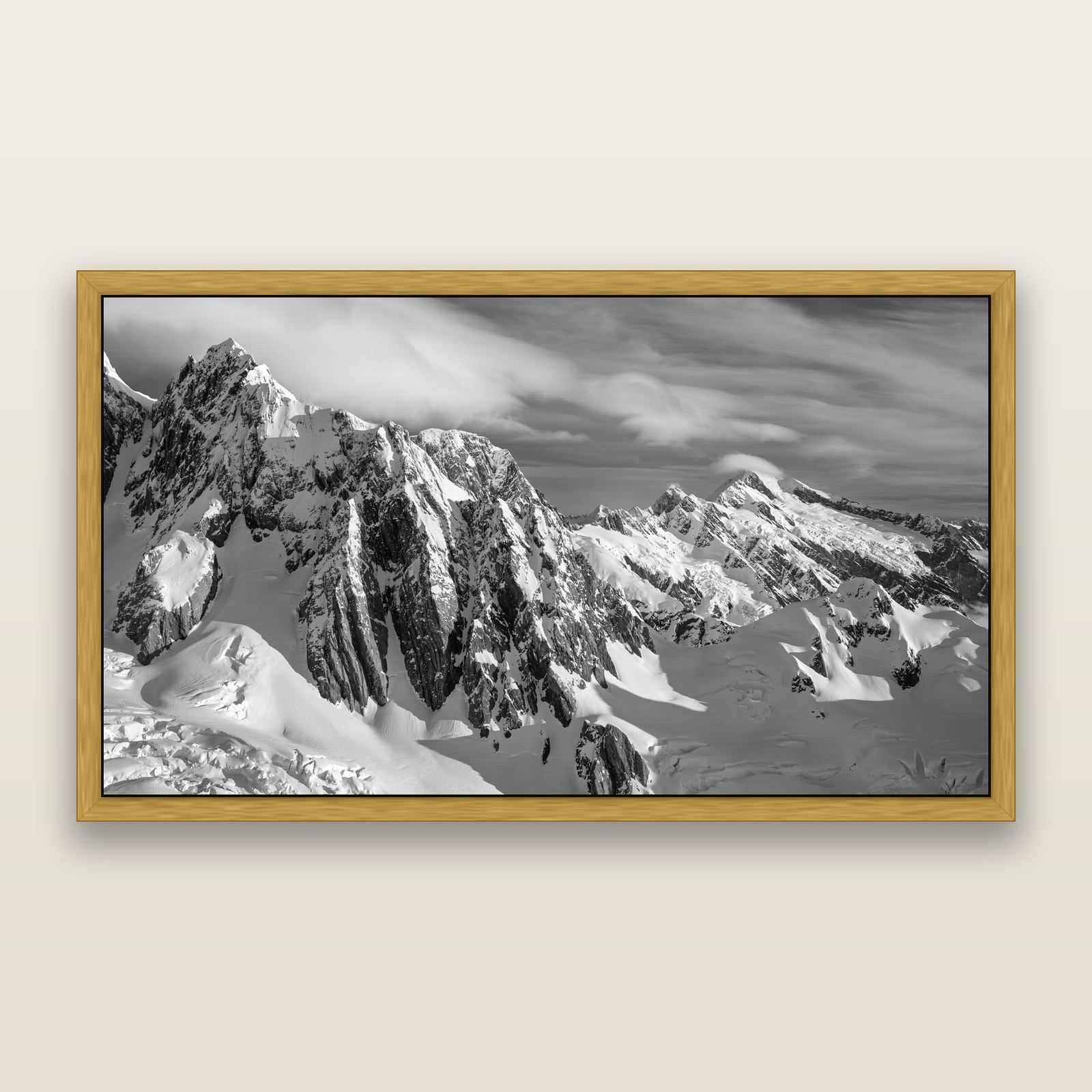 Crown of Cloud, Southern Alps, black and white framed metallic canvas print, Antique Gold frame. New Zealand fine art wall art by Stephen Milner.