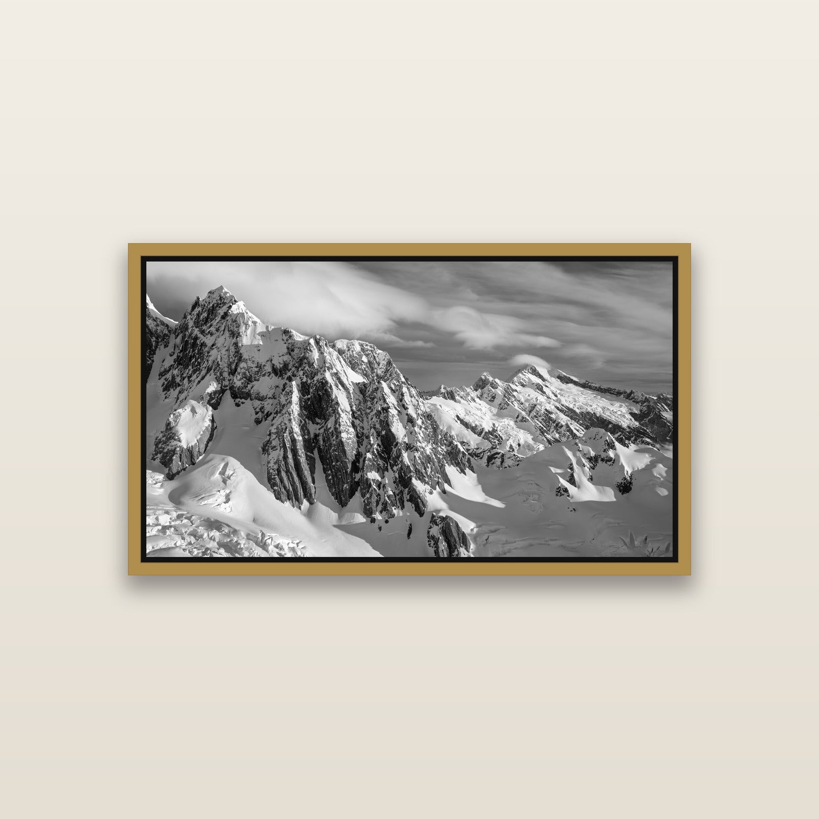Crown of Cloud, Southern Alps — Antique Gold framed metallic canvas print, small 81 × 46 cm. New Zealand fine art landscape wall art by Stephen Milner.