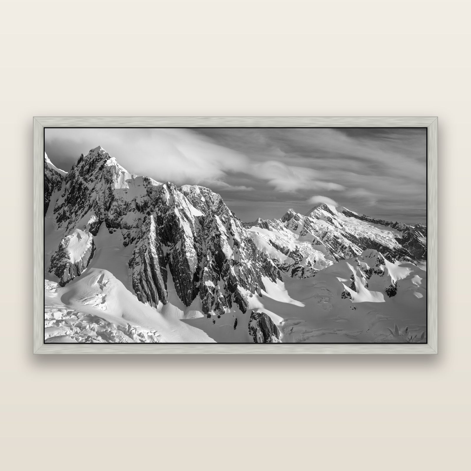 Crown of Cloud, Southern Alps, black and white framed metallic canvas print, Antique Silver frame. New Zealand fine art wall art by Stephen Milner.