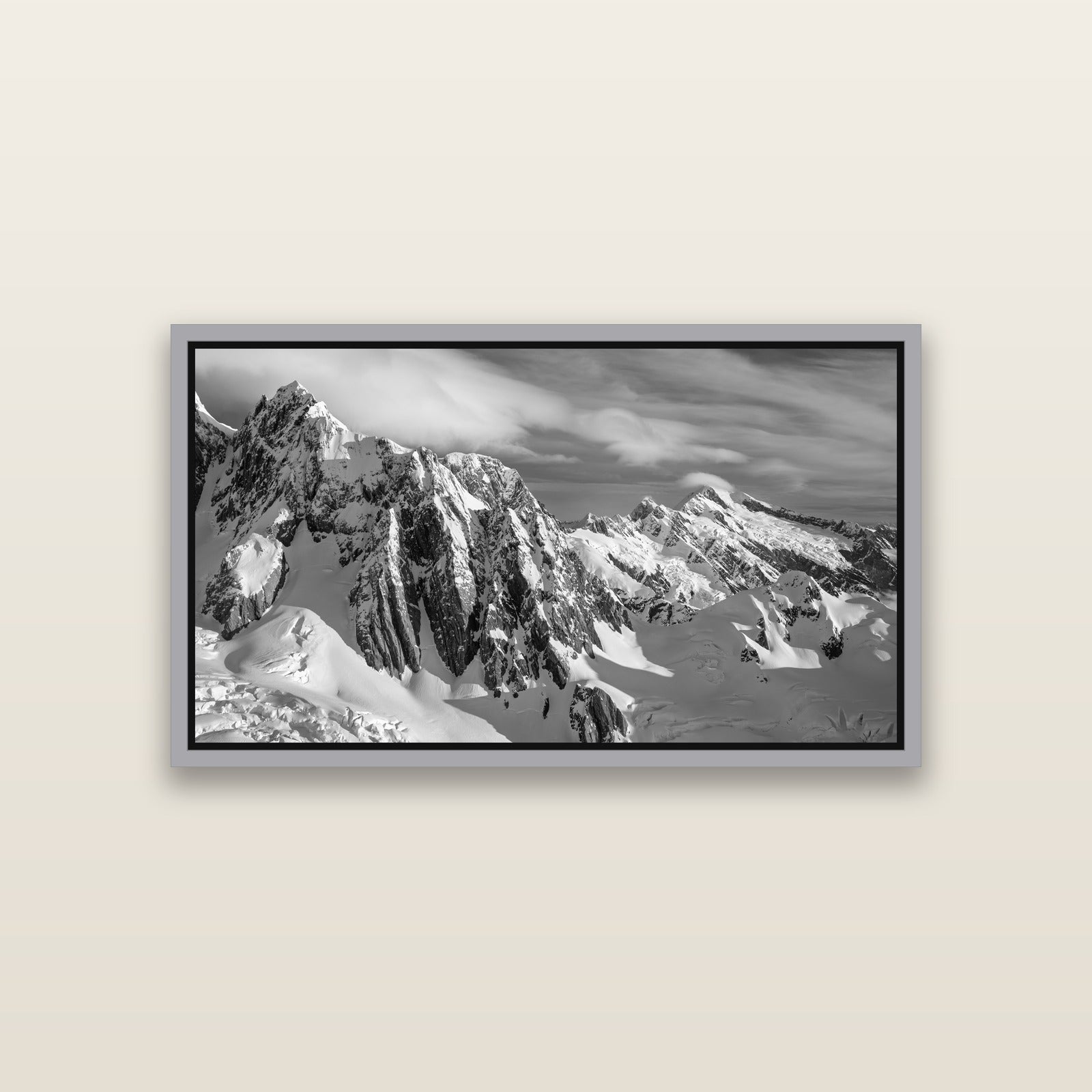 Crown of Cloud, Southern Alps — Antique Silver framed metallic canvas print, small 81 × 46 cm. New Zealand fine art landscape wall art by Stephen Milner.