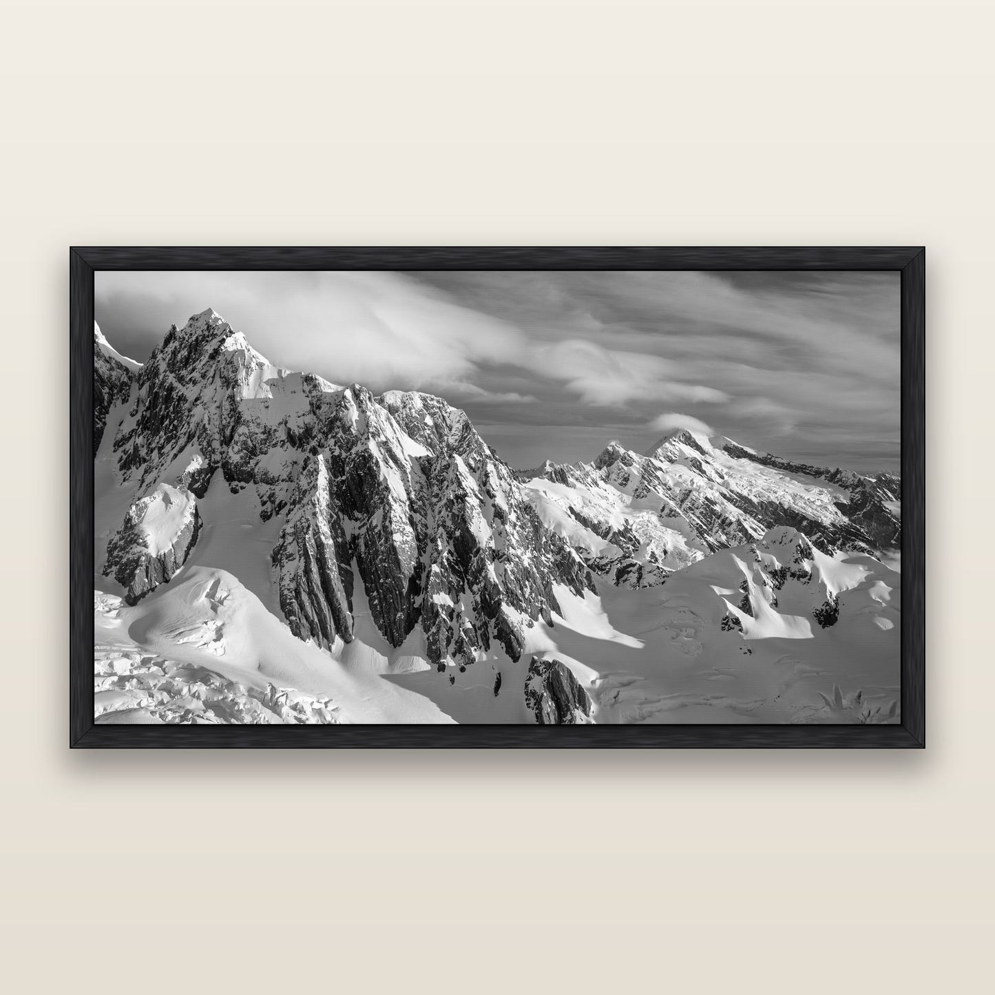 Crown of Cloud, Southern Alps — black and white framed metallic canvas print, Black frame. New Zealand fine art wall art by Stephen Milner.