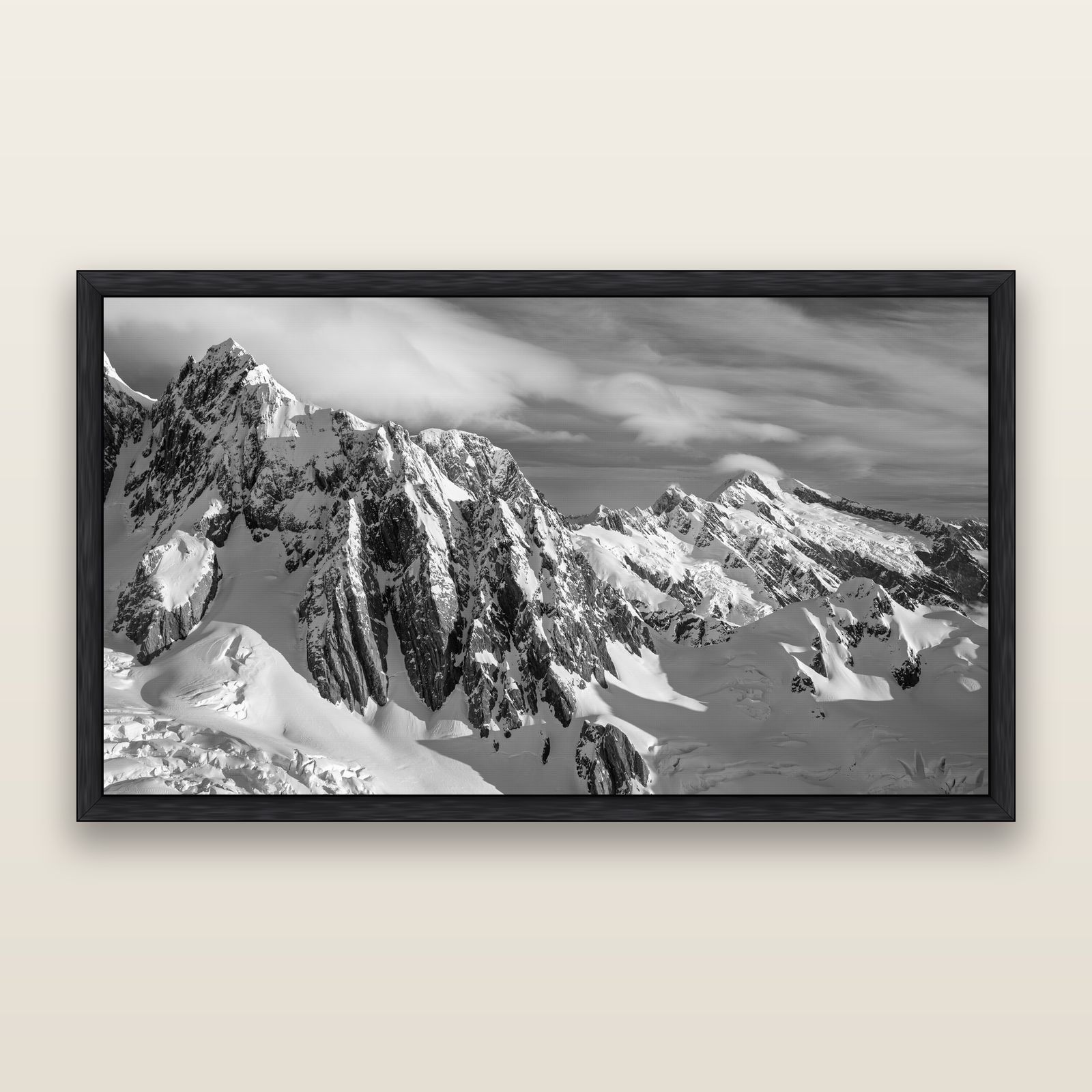 Crown of Cloud, Southern Alps — black and white framed metallic canvas print, Black frame. New Zealand fine art wall art by Stephen Milner.