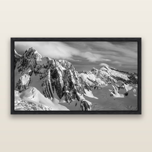 Crown of Cloud, Southern Alps — black and white framed metallic canvas print, Black frame. New Zealand fine art wall art by Stephen Milner.