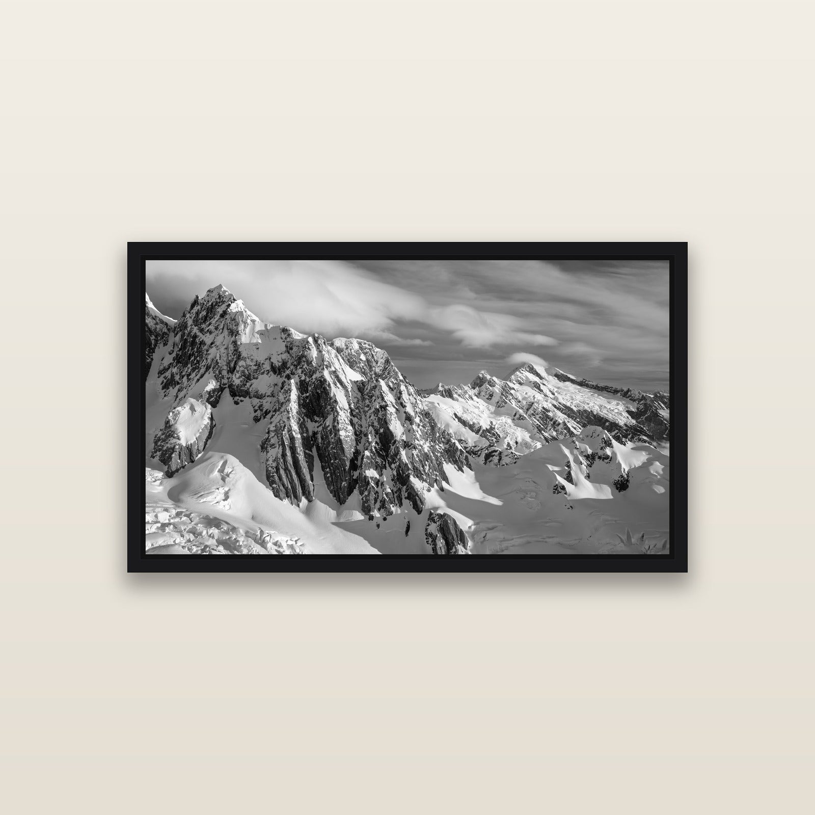 Crown of Cloud, Southern Alps — Black framed metallic canvas print, small 81 × 46 cm. New Zealand fine art landscape wall art by Stephen Milner.