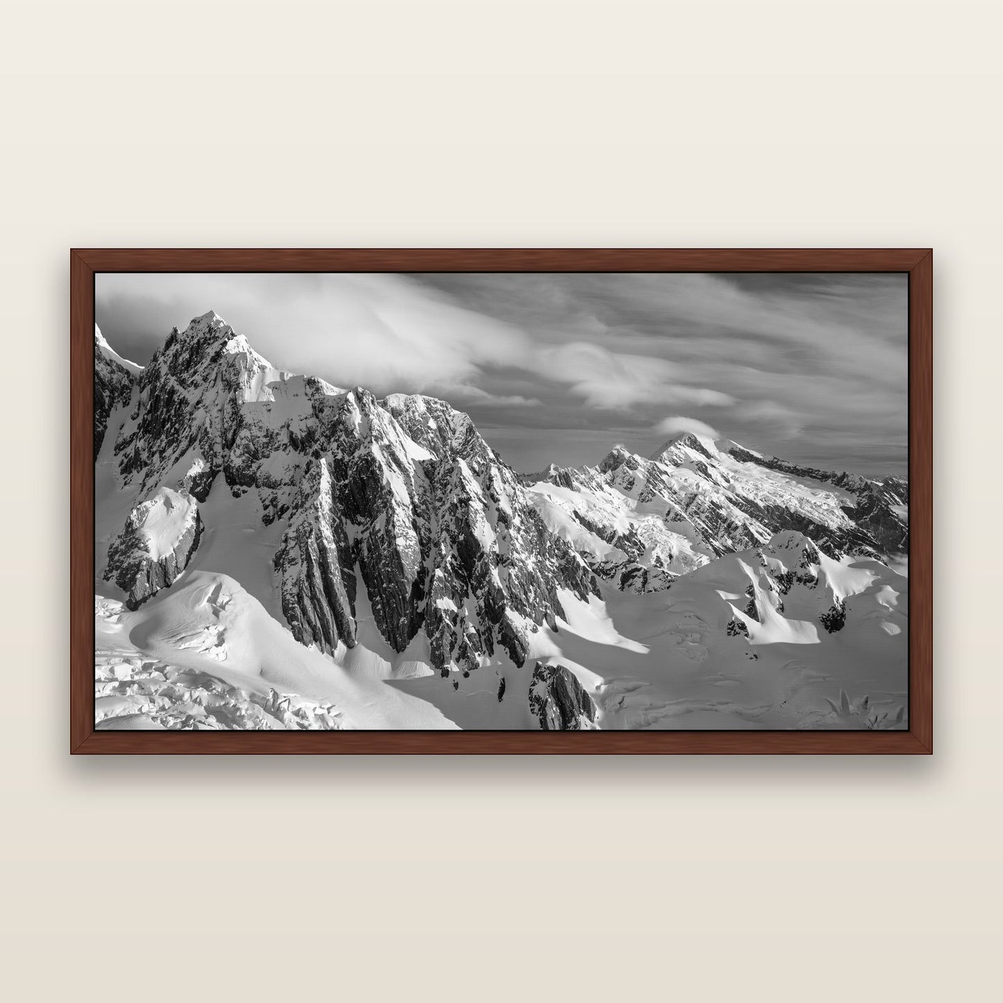 Crown of Cloud, Southern Alps — black and white framed metallic canvas print, Brown frame. New Zealand fine art wall art by Stephen Milner.