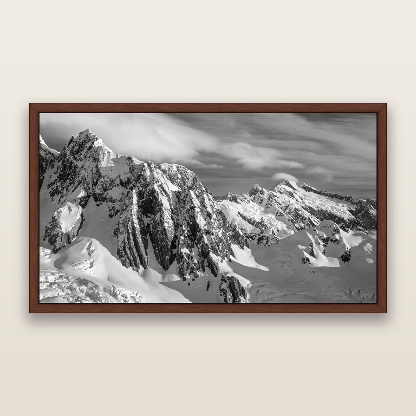 Crown of Cloud, Southern Alps, black and white framed metallic canvas print, Brown frame. New Zealand fine art wall art by Stephen Milner.