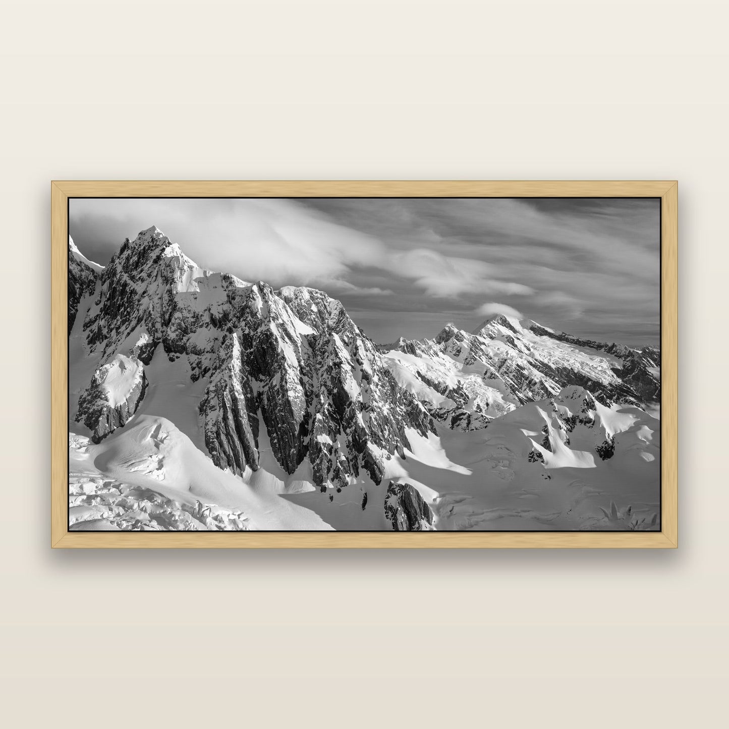Crown of Cloud, Southern Alps — black and white framed metallic canvas print, Natural frame. New Zealand fine art wall art by Stephen Milner.