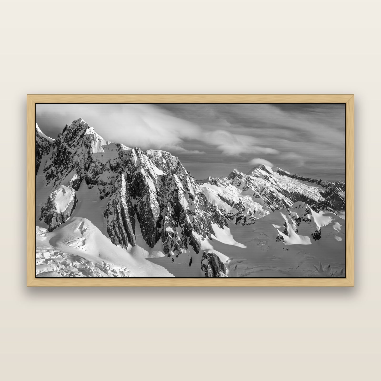 Crown of Cloud, Southern Alps, black and white framed metallic canvas print, Natural frame. New Zealand fine art wall art by Stephen Milner.