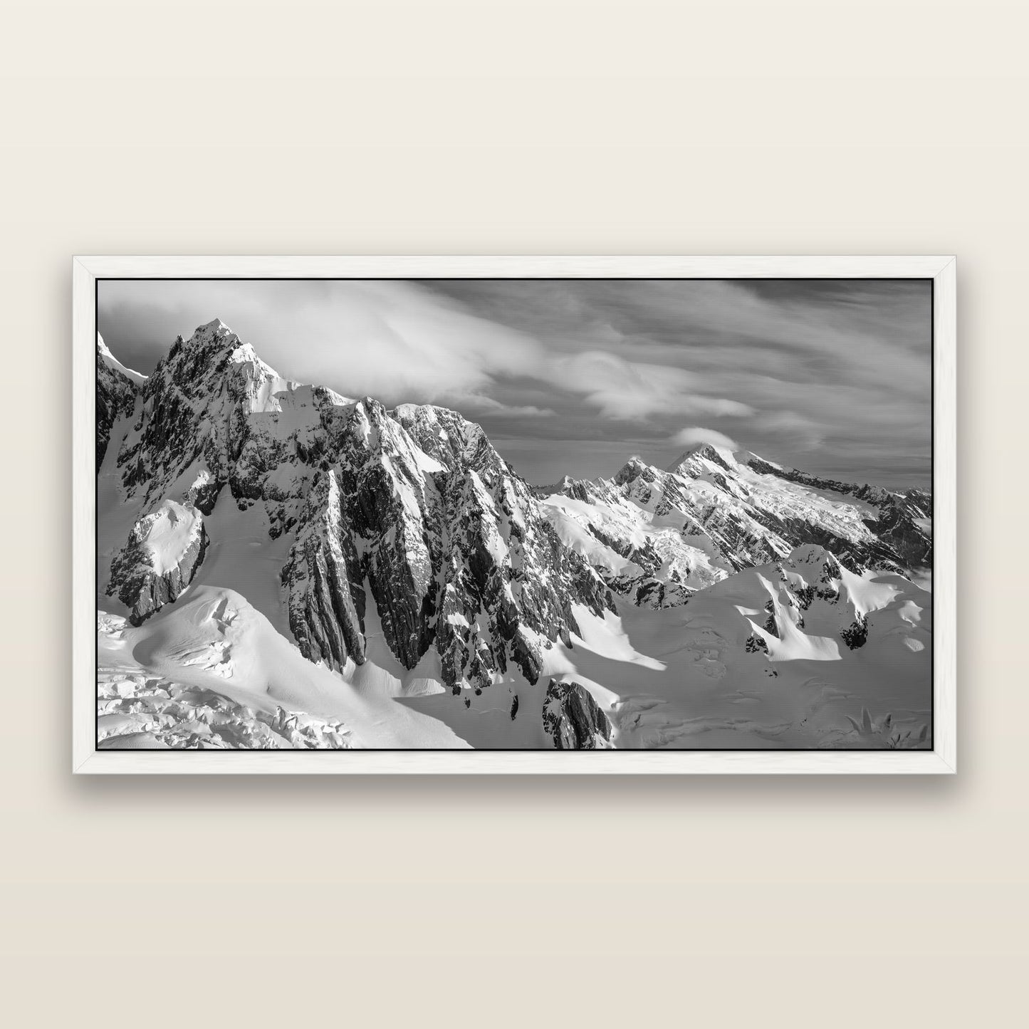 Crown of Cloud, Southern Alps — black and white framed metallic canvas print, White frame. New Zealand fine art wall art by Stephen Milner.