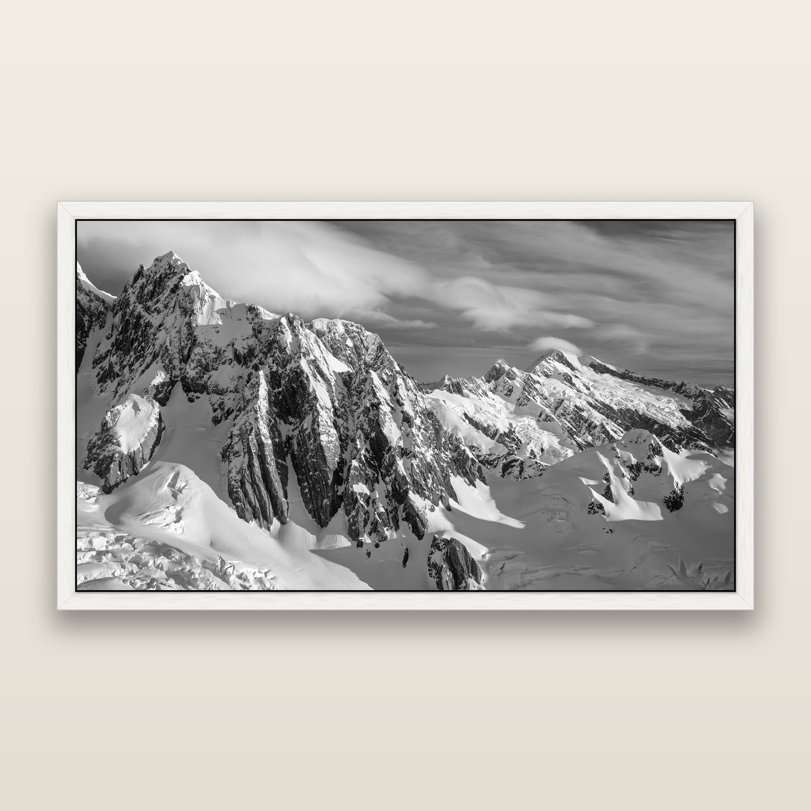 Crown of Cloud, Southern Alps, black and white framed metallic canvas print, White frame. New Zealand fine art wall art by Stephen Milner.