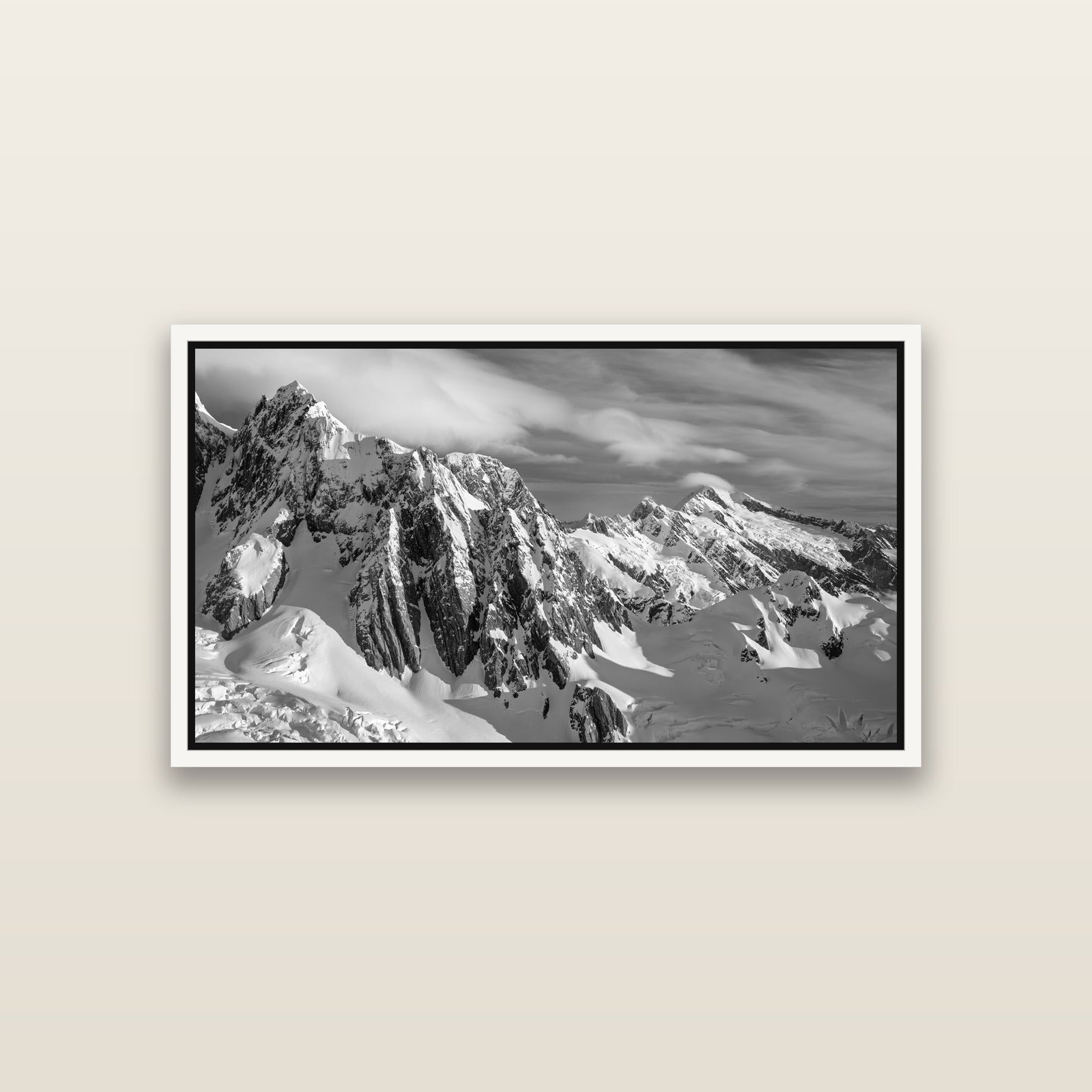 Crown of Cloud, Southern Alps — White framed metallic canvas print, small 81 × 46 cm. New Zealand fine art landscape wall art by Stephen Milner.