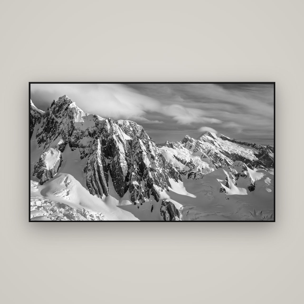 Crown of Cloud, Southern Alps — ArtBox Black, 160×90 cm. New Zealand fine art wall art by Stephen Milner.
