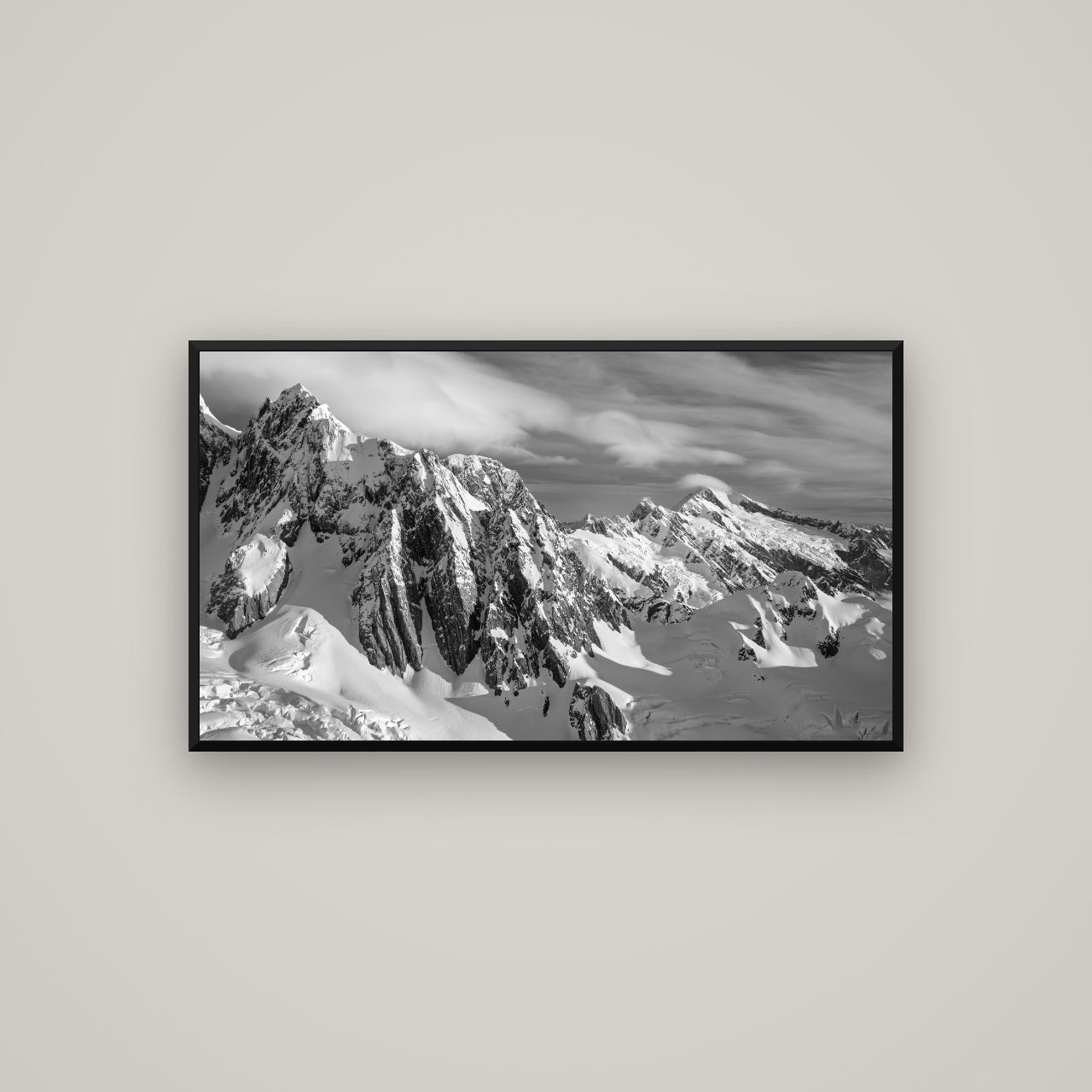 Crown of Cloud, Southern Alps — Basel Black, 107×60 cm. New Zealand fine art wall art by Stephen Milner.