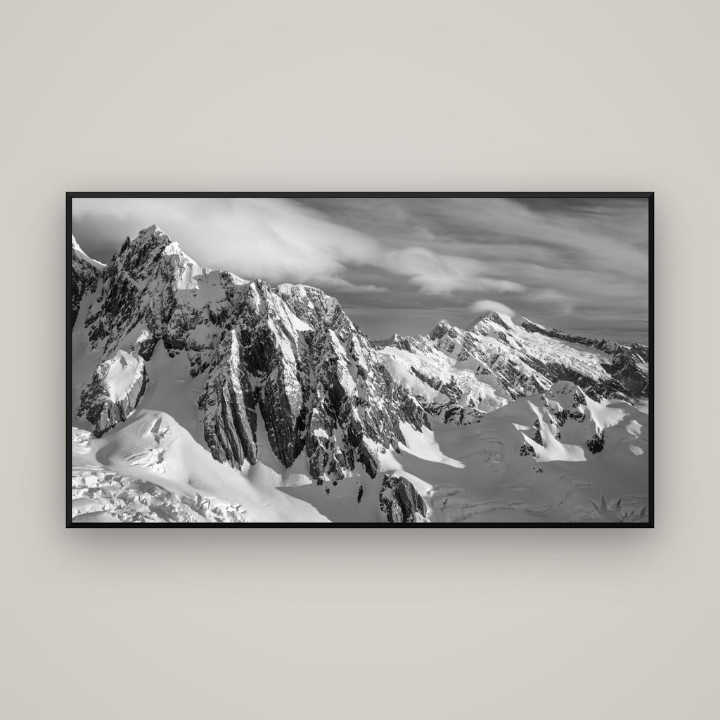 Crown of Cloud, Southern Alps — Basel Black Matte, 160×90 cm. New Zealand fine art wall art by Stephen Milner.