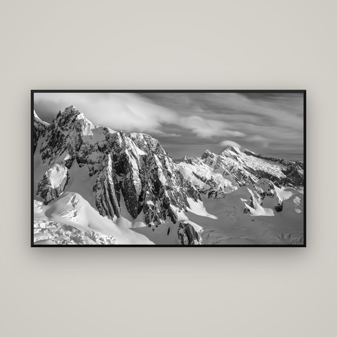 Crown of Cloud, Southern Alps — Basel Black, 160×90 cm. New Zealand fine art wall art by Stephen Milner.