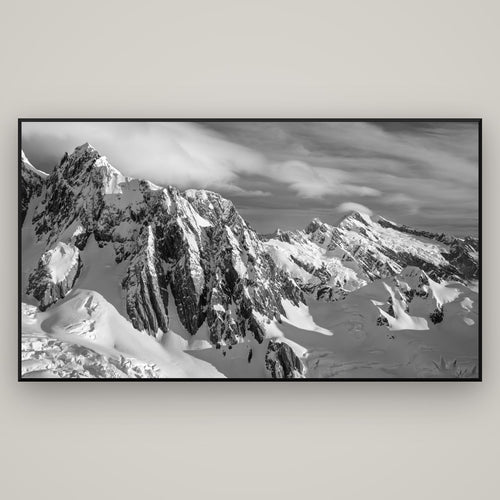 Crown of Cloud, Southern Alps — Basel Black, 196×110 cm. New Zealand fine art wall art by Stephen Milner.
