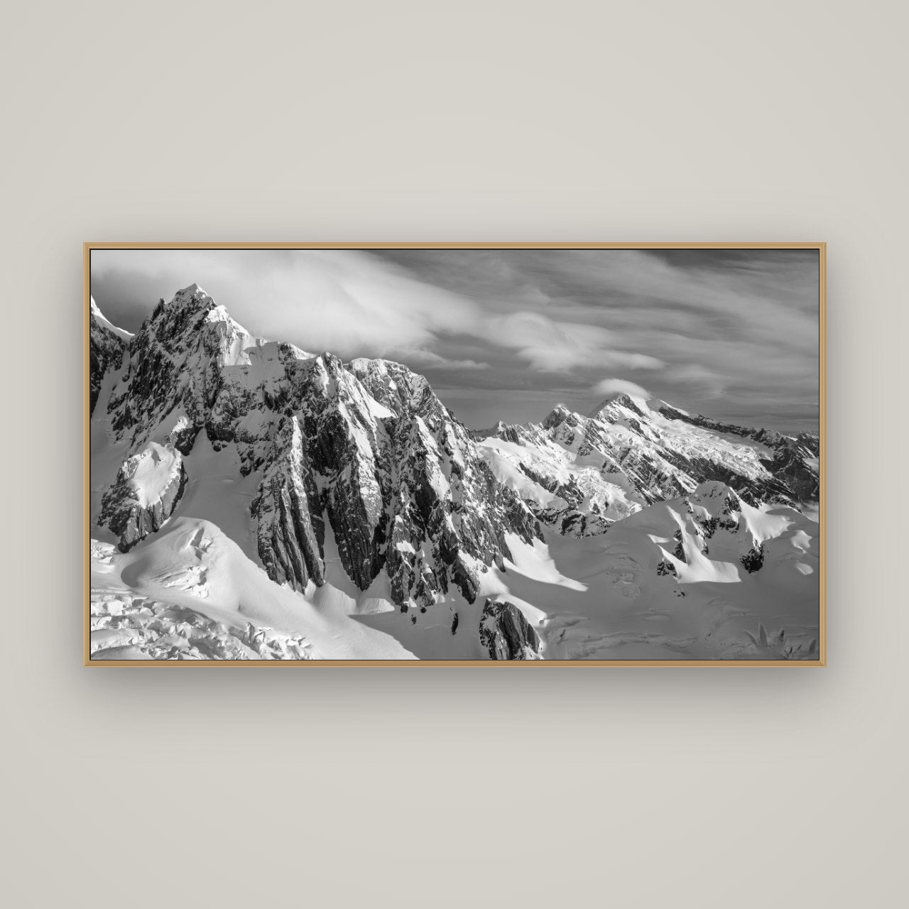 Crown of Cloud, Southern Alps, Basel Natural Oak, 160×90 cm. New Zealand fine art wall art by Stephen Milner.