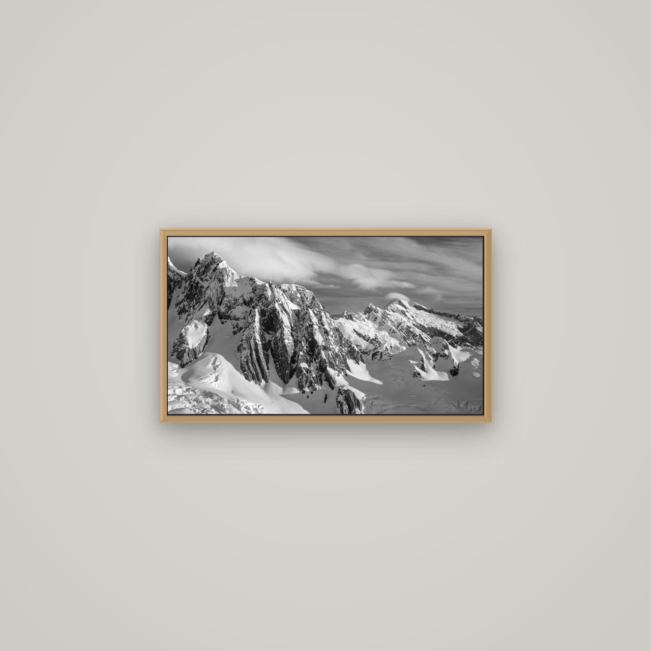 Crown of Cloud, Southern Alps, Basel Natural Oak, 64×36 cm. New Zealand fine art wall art by Stephen Milner.