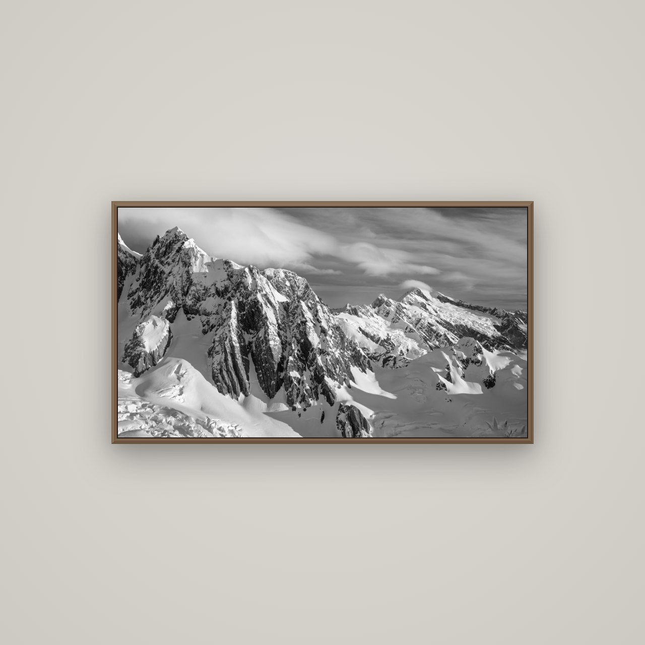 Crown of Cloud, Southern Alps, Basel Walnut, 107×60 cm. New Zealand fine art wall art by Stephen Milner.