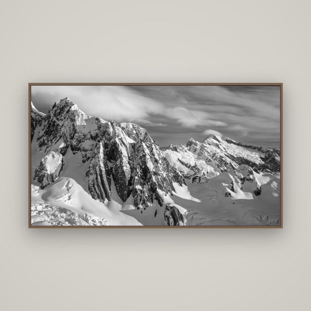 Crown of Cloud, Southern Alps, Basel Walnut, 160×90 cm. New Zealand fine art wall art by Stephen Milner.