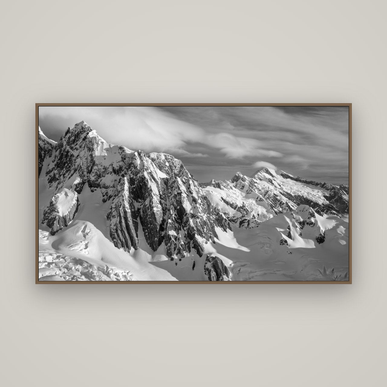 Crown of Cloud, Southern Alps, Basel Walnut, 160×90 cm. New Zealand fine art wall art by Stephen Milner.
