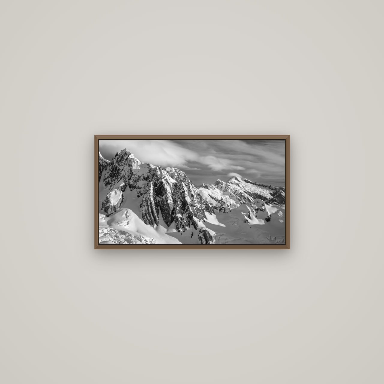 Crown of Cloud, Southern Alps, Basel Walnut, 64×36 cm. New Zealand fine art wall art by Stephen Milner.