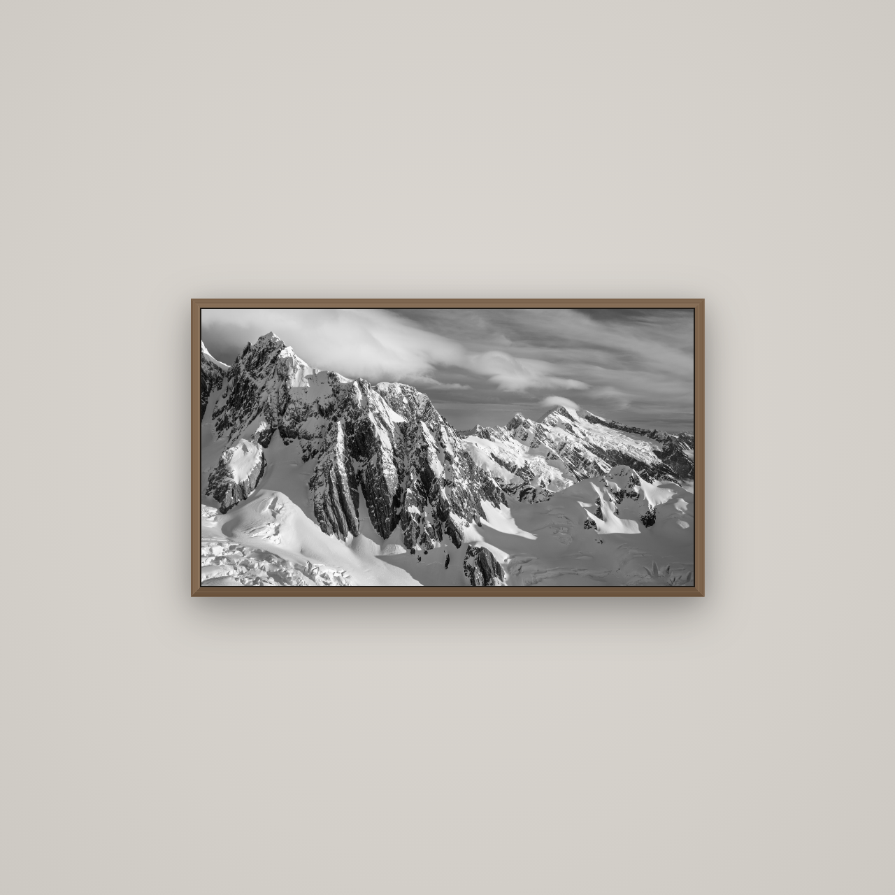 Crown of Cloud, Southern Alps, Basel Walnut, 80×45 cm. New Zealand fine art wall art by Stephen Milner.