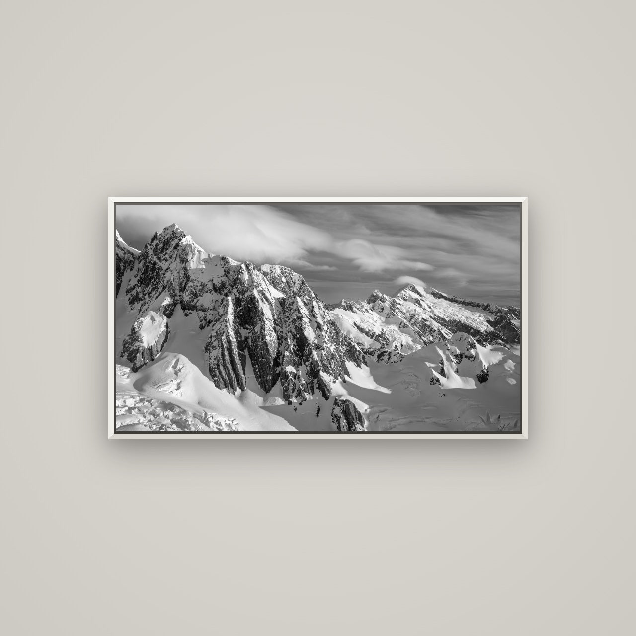 Crown of Cloud, Southern Alps — Basel White, 107×60 cm. New Zealand fine art wall art by Stephen Milner.