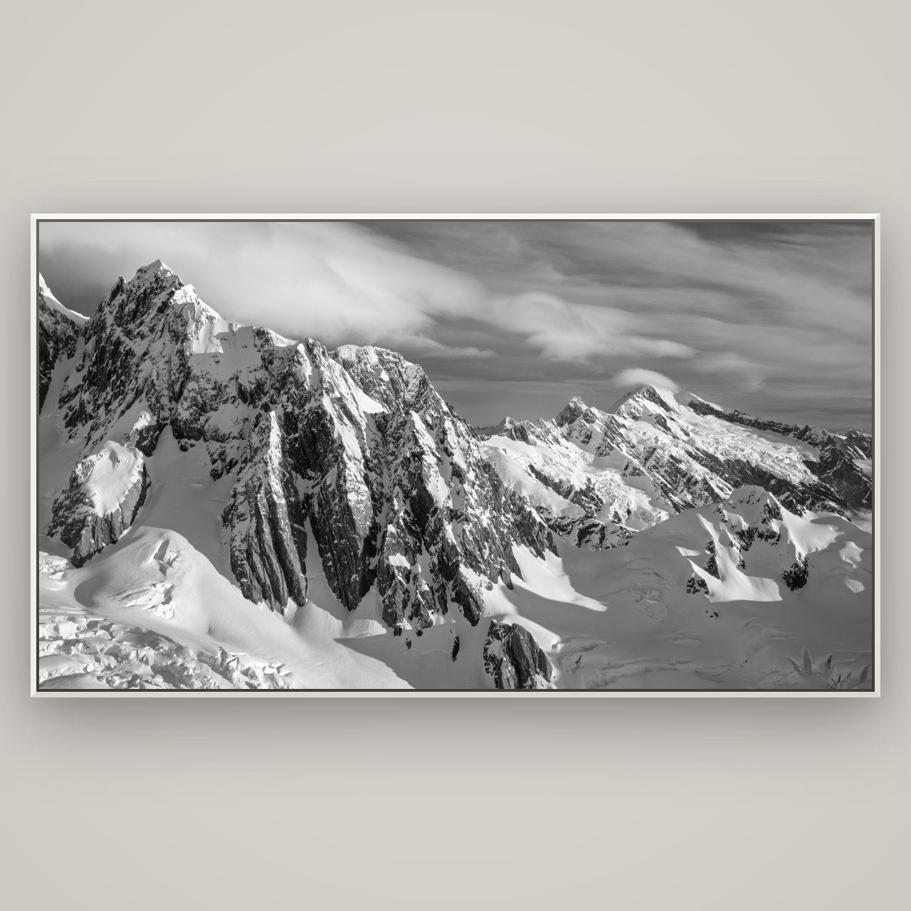 Crown of Cloud, Southern Alps — Basel White, 196×110 cm. New Zealand fine art wall art by Stephen Milner.