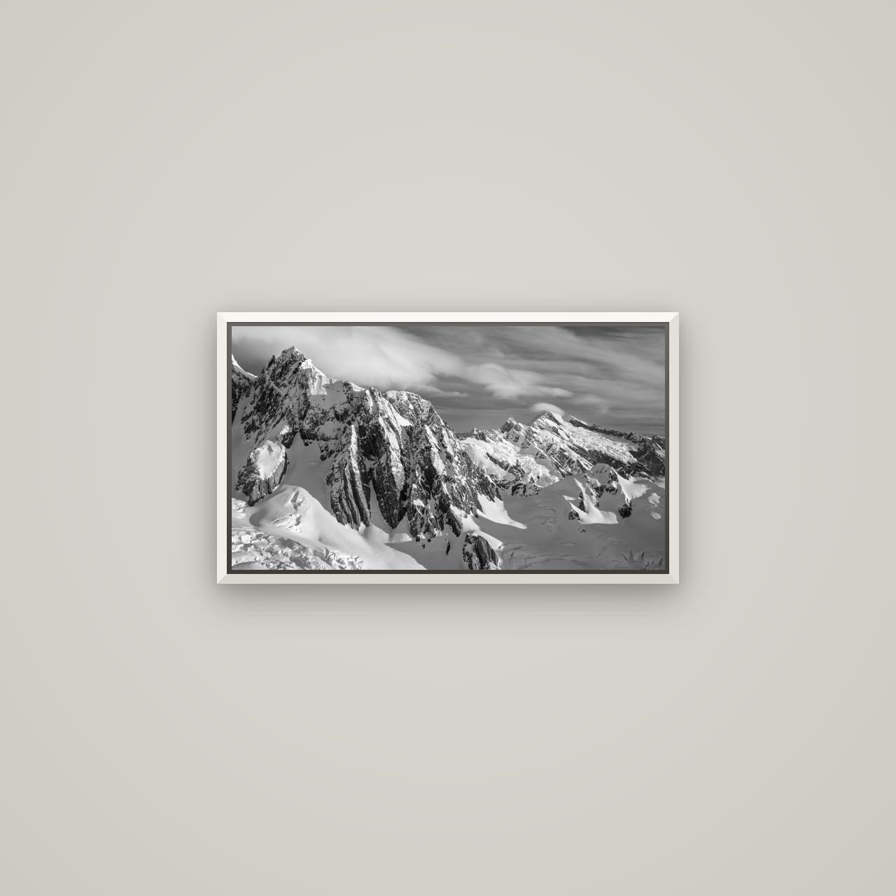 Crown of Cloud, Southern Alps — Basel White, 64×36 cm. New Zealand fine art wall art by Stephen Milner.