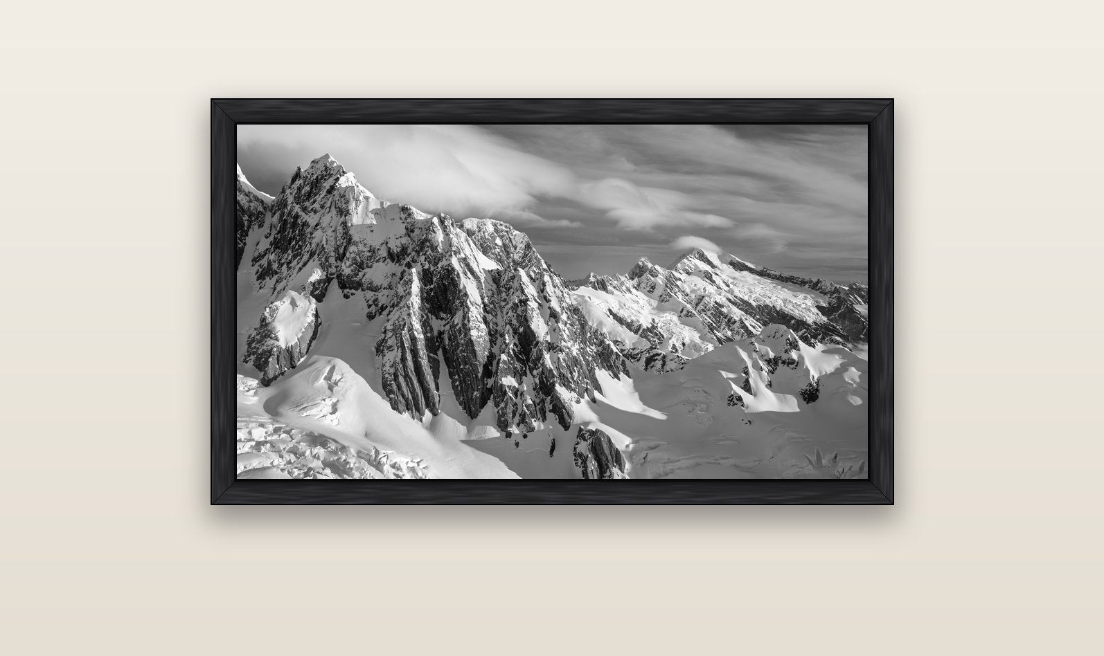 Crown of Cloud, Southern Alps — black float frame canvas, 102 × 56 cm. New Zealand fine art landscape wall art by Stephen Milner.