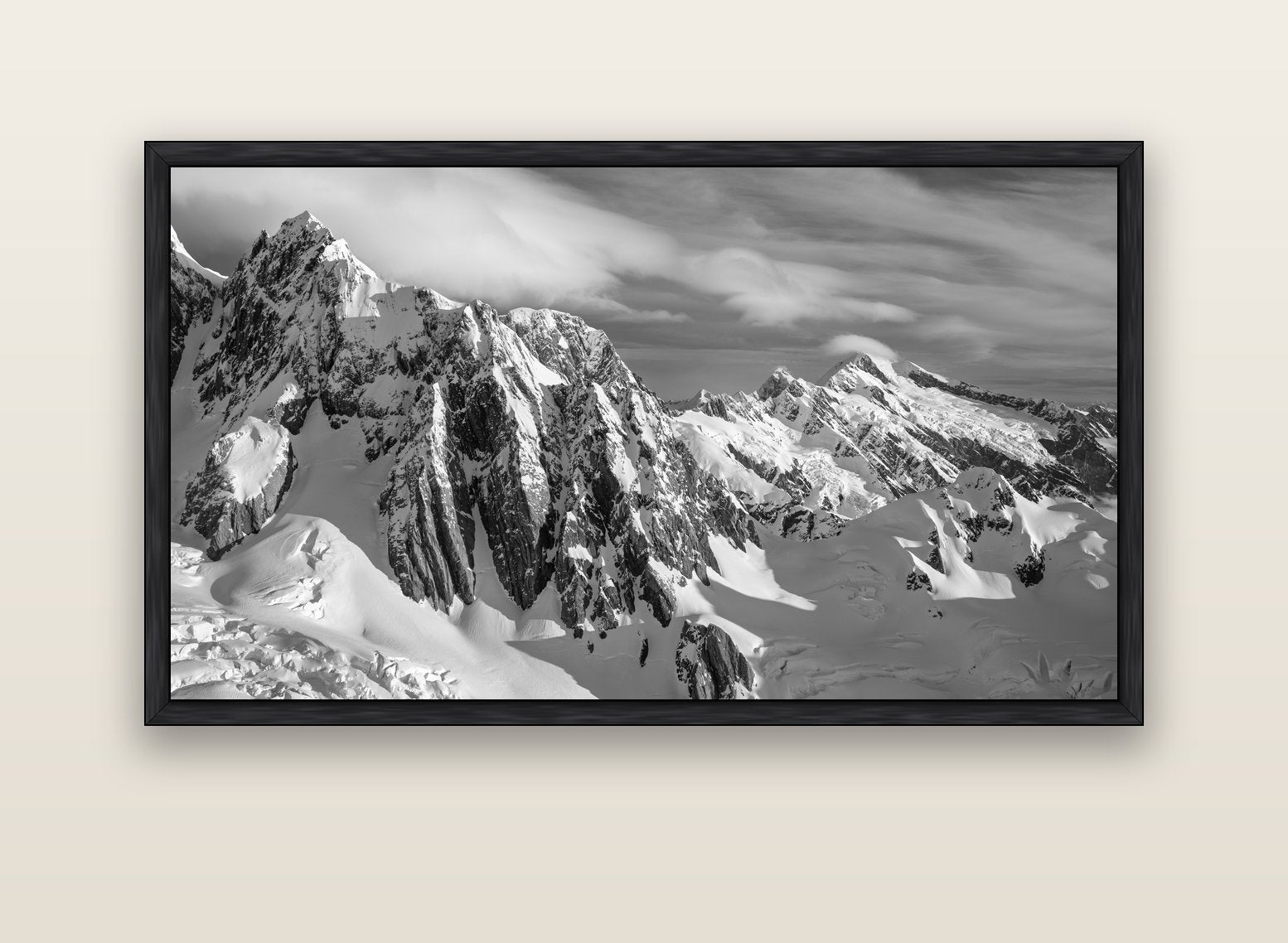 Crown of Cloud, Southern Alps — black float frame canvas, 152 × 86 cm. New Zealand fine art landscape wall art by Stephen Milner.