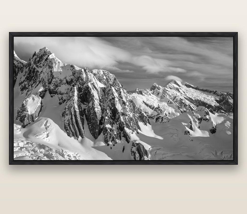 Crown of Cloud, Southern Alps — black float frame canvas, 200 × 130 cm. New Zealand fine art landscape wall art by Stephen Milner.