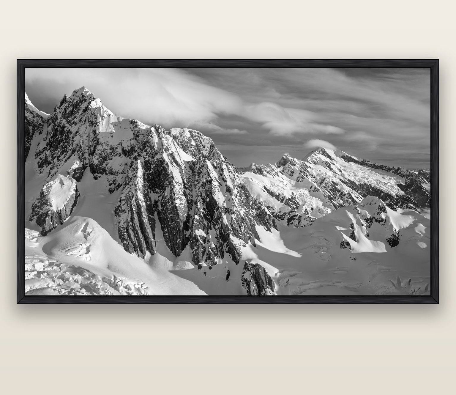 Crown of Cloud, Southern Alps — black float frame canvas, 200 × 130 cm. New Zealand fine art landscape wall art by Stephen Milner.