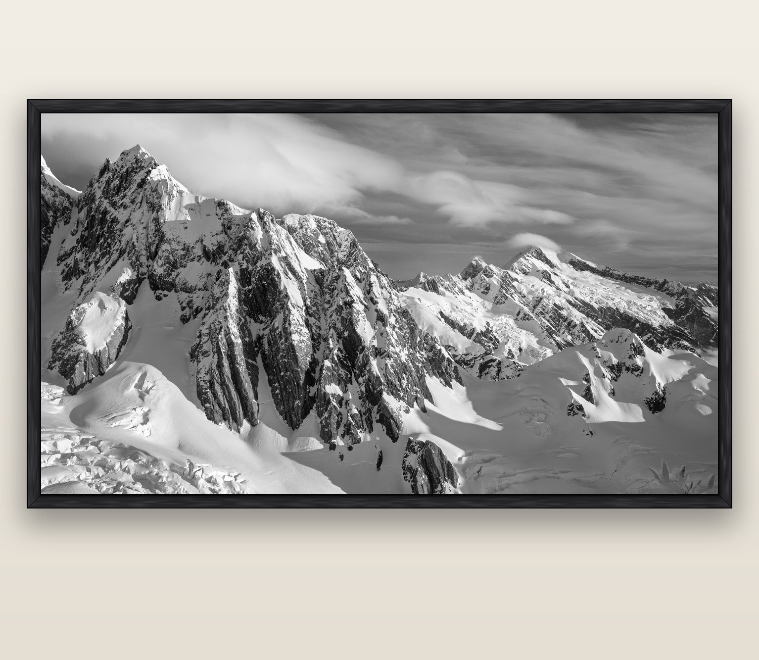 Crown of Cloud, Southern Alps — black float frame canvas, 201 × 99 cm. New Zealand fine art landscape wall art by Stephen Milner.