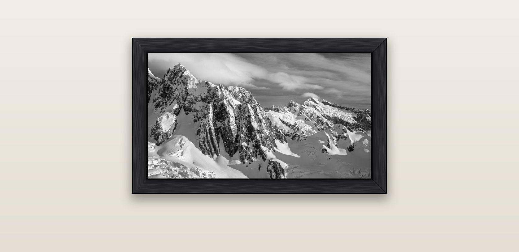Crown of Cloud, Southern Alps — black float frame canvas, 61 × 36 cm. New Zealand fine art landscape wall art by Stephen Milner.