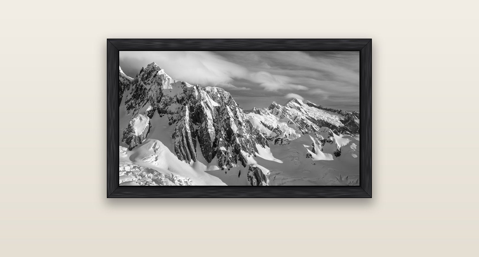 Crown of Cloud, Southern Alps — black float frame canvas, 81 × 46 cm. New Zealand fine art landscape wall art by Stephen Milner.