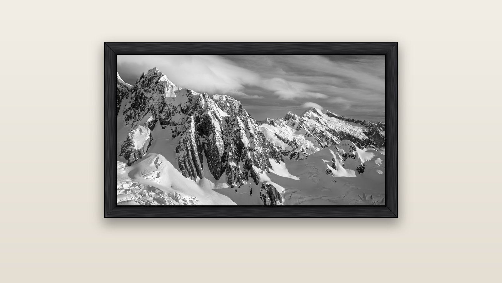 Crown of Cloud, Southern Alps — black float frame canvas, 91 × 51 cm. New Zealand fine art landscape wall art by Stephen Milner.