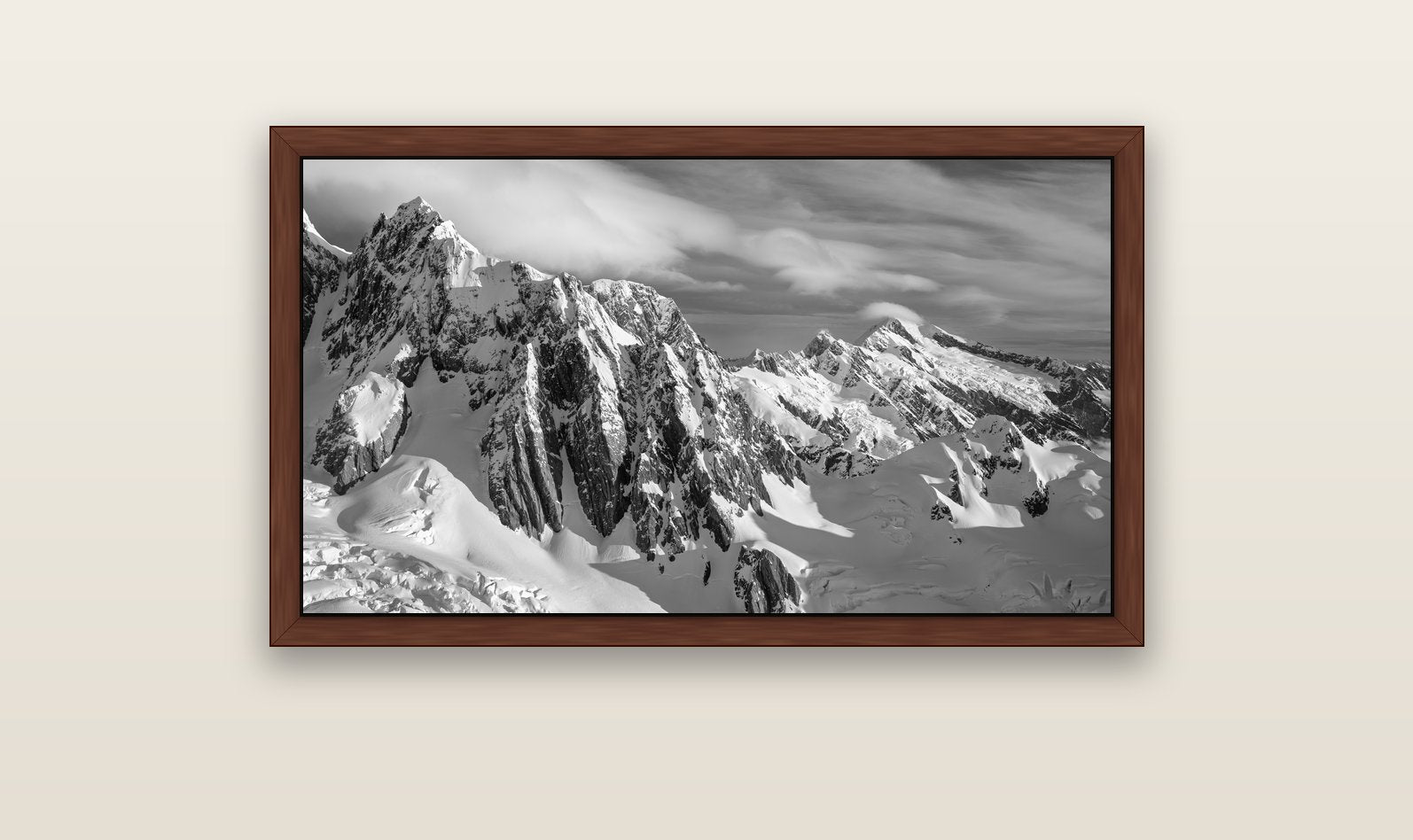 Crown of Cloud, Southern Alps — brown float frame canvas, 102 × 56 cm. New Zealand fine art landscape wall art by Stephen Milner.