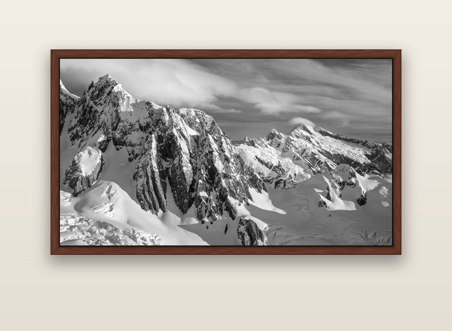 Crown of Cloud, Southern Alps — brown float frame canvas, 152 × 86 cm. New Zealand fine art landscape wall art by Stephen Milner.