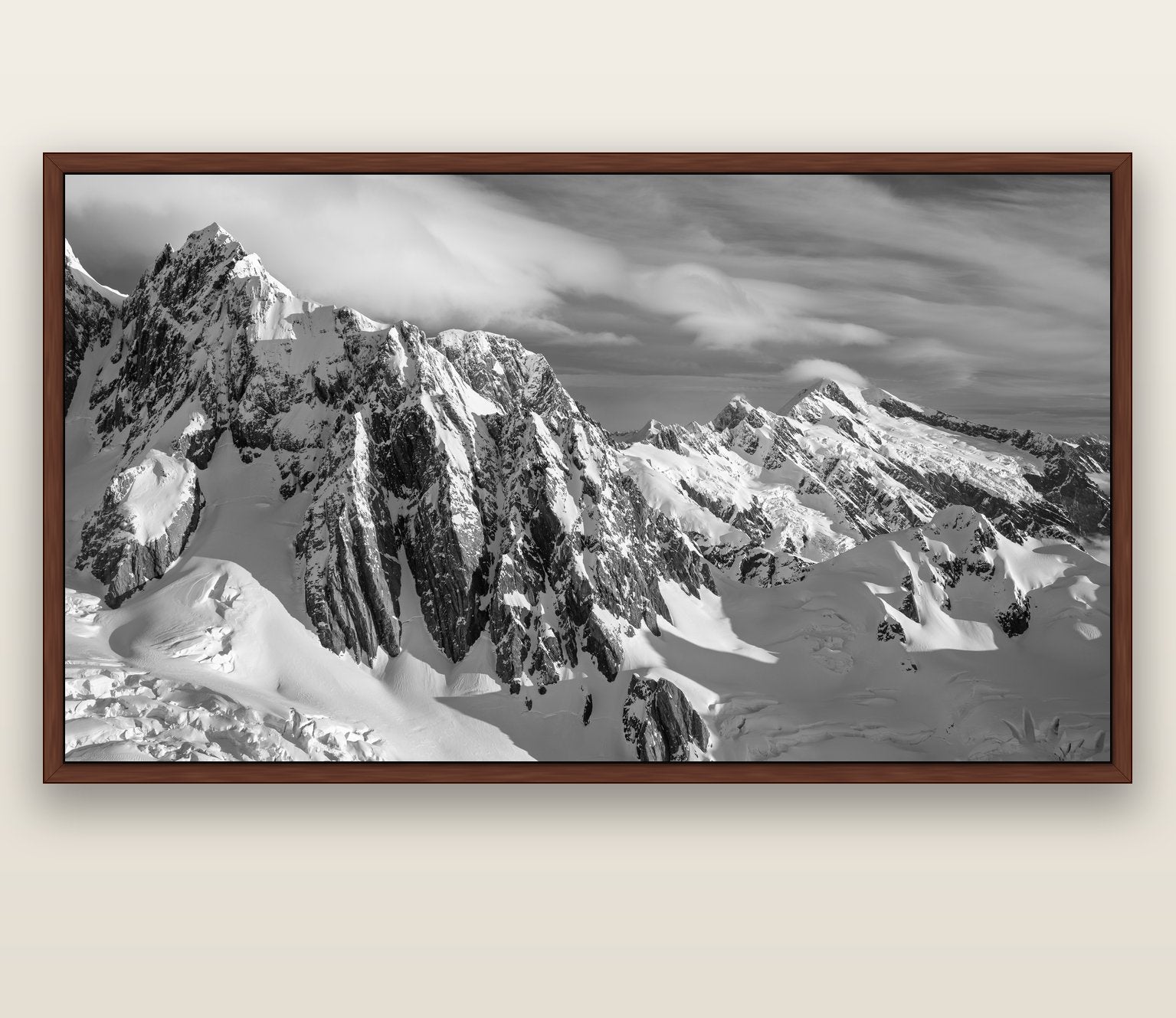 Crown of Cloud, Southern Alps — brown float frame canvas, 200 × 130 cm. New Zealand fine art landscape wall art by Stephen Milner.