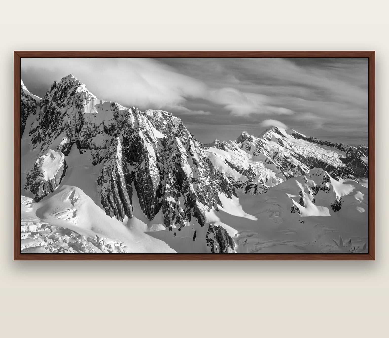 Crown of Cloud, Southern Alps — brown float frame canvas, 201 × 99 cm. New Zealand fine art landscape wall art by Stephen Milner.