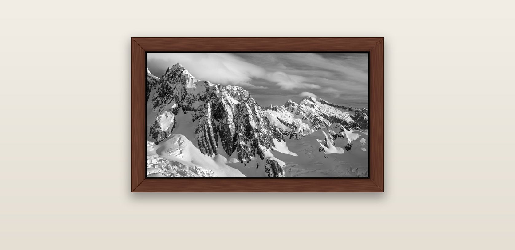 Crown of Cloud, Southern Alps — brown float frame canvas, 61 × 36 cm. New Zealand fine art landscape wall art by Stephen Milner.
