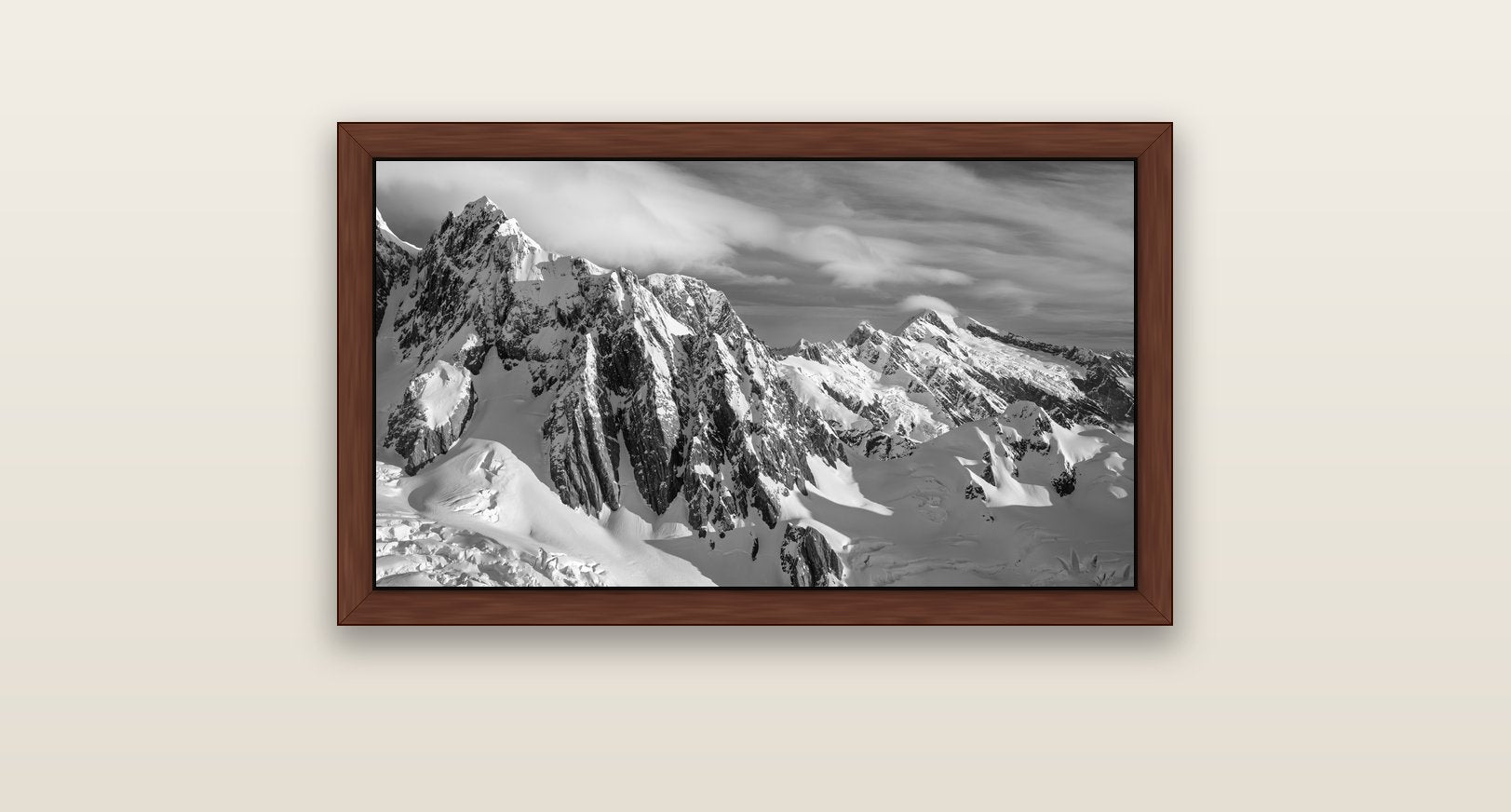 Crown of Cloud, Southern Alps — brown float frame canvas, 81 × 46 cm. New Zealand fine art landscape wall art by Stephen Milner.