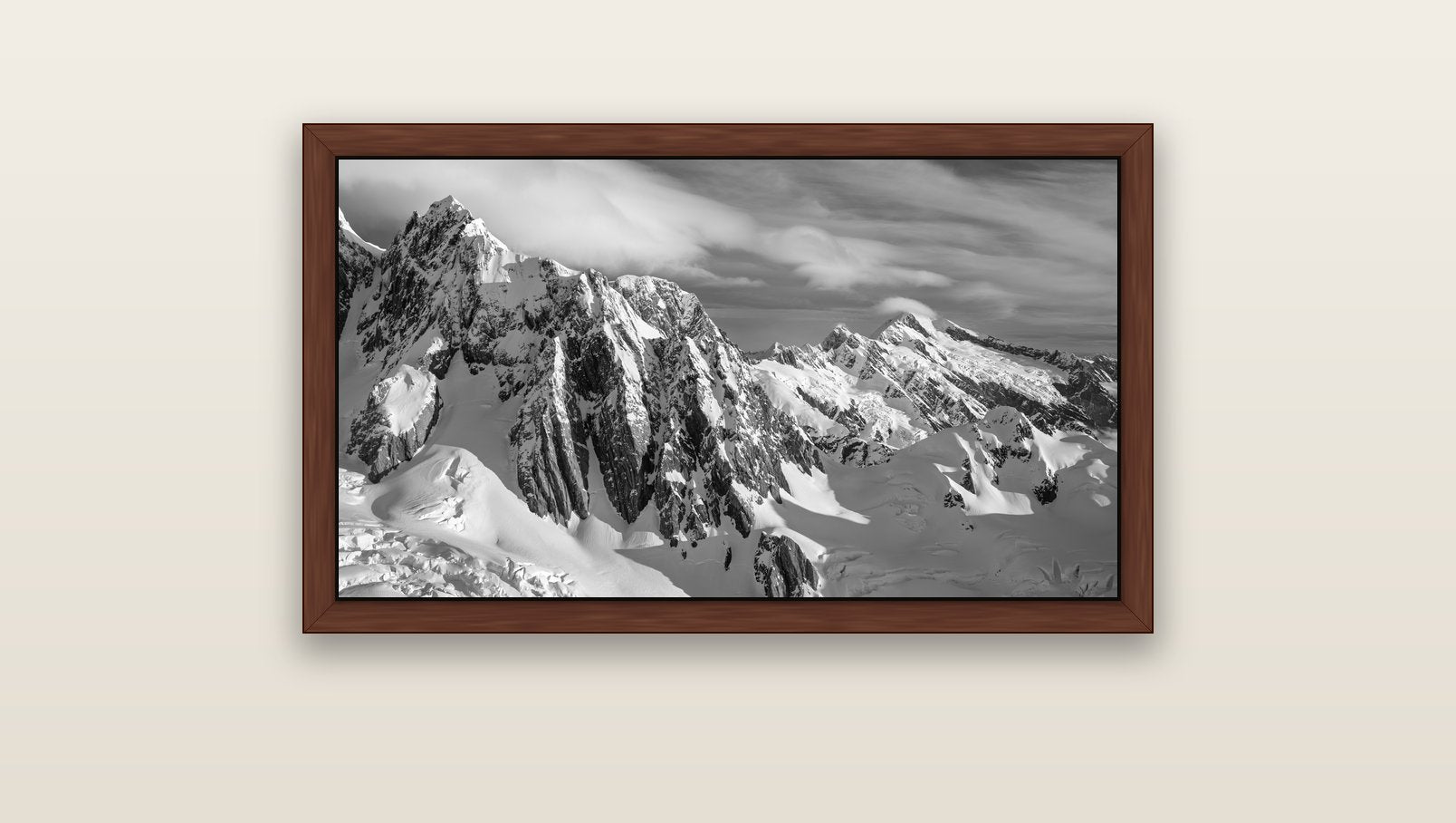 Crown of Cloud, Southern Alps — brown float frame canvas, 91 × 51 cm. New Zealand fine art landscape wall art by Stephen Milner.