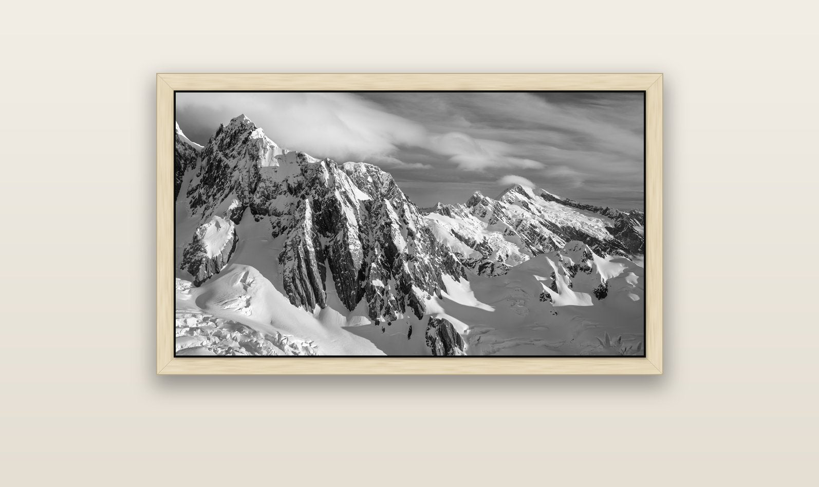 Crown of Cloud, Southern Alps — natural float frame canvas, 102 × 56 cm. New Zealand fine art landscape wall art by Stephen Milner.