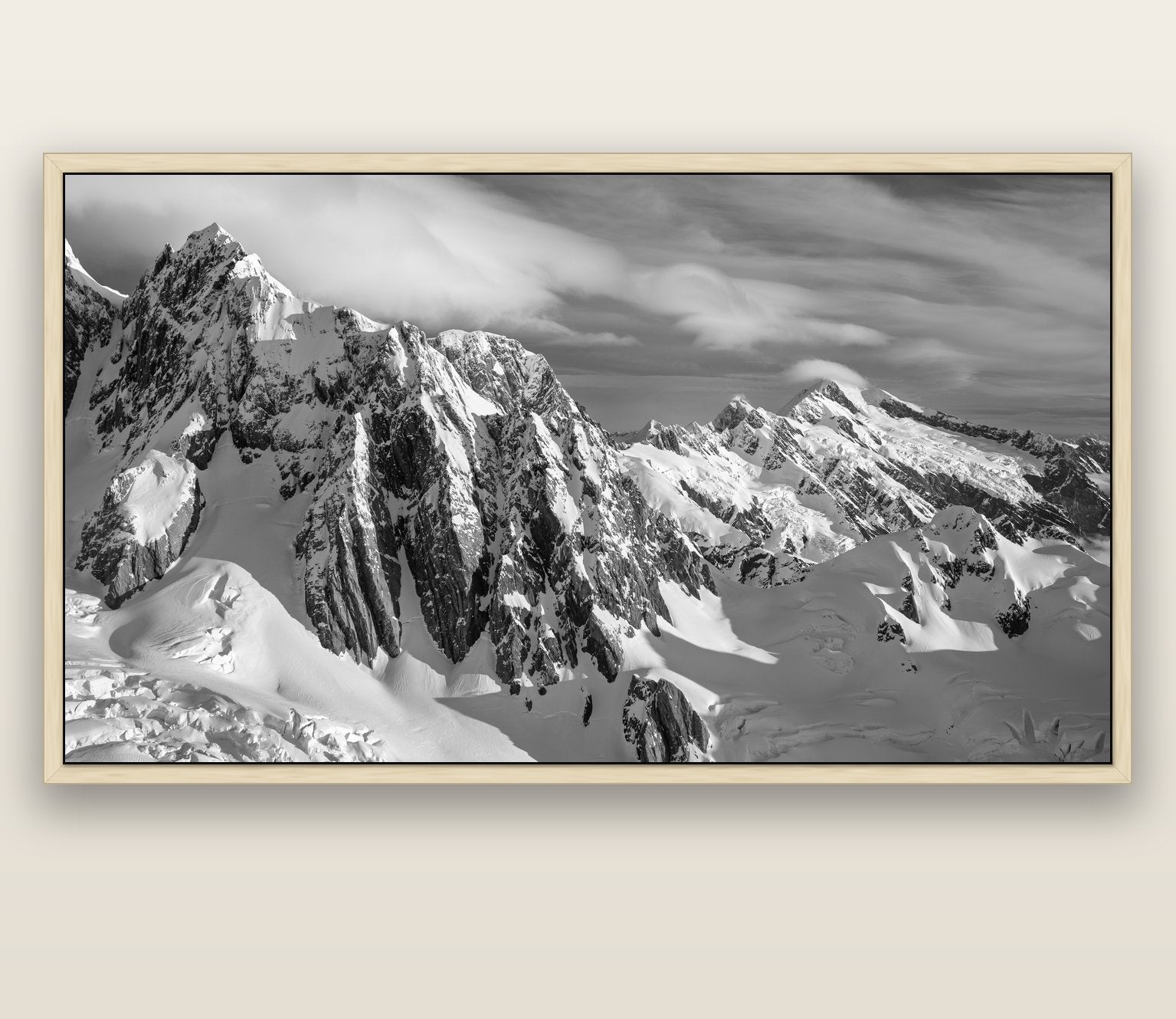 Crown of Cloud, Southern Alps — natural float frame canvas, 200 × 130 cm. New Zealand fine art landscape wall art by Stephen Milner.