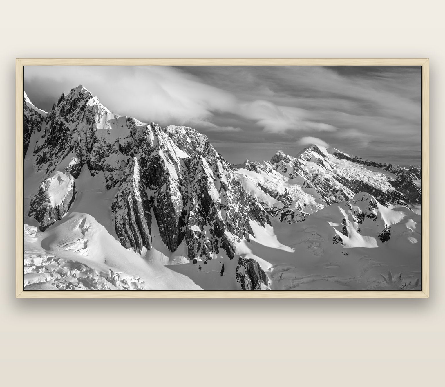 Crown of Cloud, Southern Alps — natural float frame canvas, 201 × 99 cm. New Zealand fine art landscape wall art by Stephen Milner.